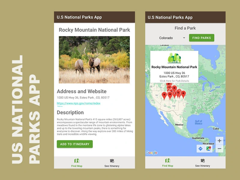 ParkGuide app interface showing U.S. national park trails and park information
